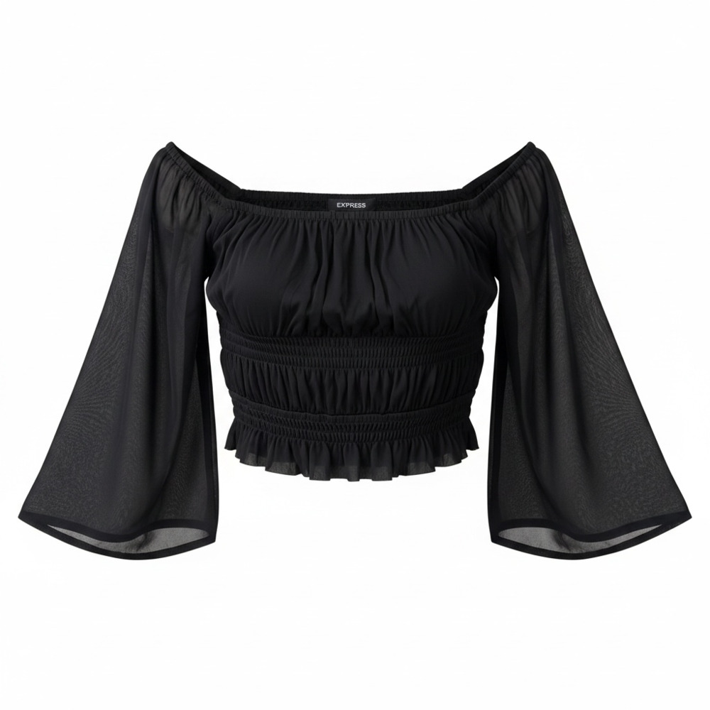 Express Black Off-the-Shoulder Smocked Crop Top with Sheer Lantern Sleeves